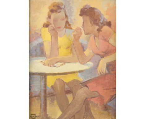 HANS HEINRICH KOCH1896 - 1977'ZWEI JUNGE FRAUEN IM GESPRÄCH AM TISCH' Öl auf Malkarton. 35,5 x 27 cm (R. 50 x 41,5 x 4 cm). U