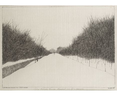 PAUL FLORA1922 Glurns - 2009 Innsbruck'WINTERLANDSCHAFT MIT WANDERER' (1999) Tuschezeichnung, part. über Bleistift, auf gräul