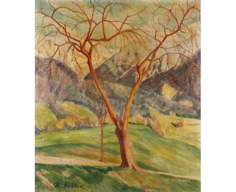 HERMANN MÜHLEN1886 Düsseldorf - 1964 MünchenGEBIRGSLANDSCHAFT MIT BAUM (1923) Öl auf Leinwand. 70 x 61 cm (R. 87,5 x 78,5 cm)