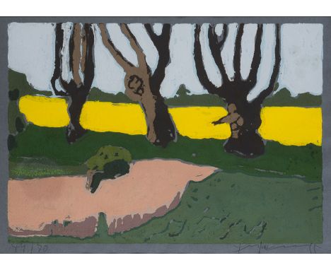 KLAUS FUSSMANN1938 Velbert'RAPS BEI GOLFHÖFT' (1995) Linolschnitt auf blauem Papier. SM 32 x 45 cm (R. 55,5 x 65,5 cm). Unten