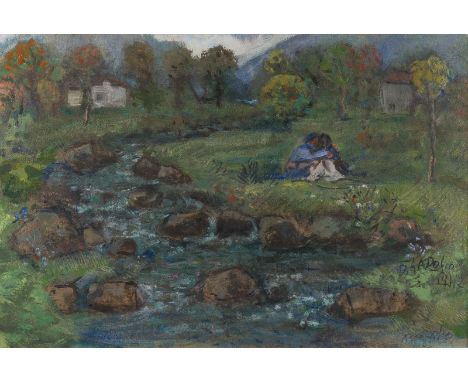 OTTORINO GAROSIO1904 Vestone - 1980 Brescia'PAAR AUF DER WIESE AM BACH' (1942) Öl auf Karton. 39,5 x 60 cm (R. 64,5 x 85 x 5 