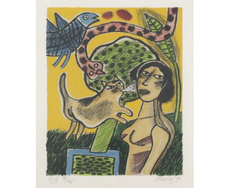 CORNEILLE1922 Lüttich - 2010 Auvers-sur-Oise'VROUW MET DIEREN' (1996) Farblithografie auf Velin. DM 31 x 26 cm, SM 39 x 32 (R