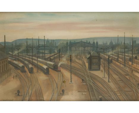 ISTVAN MACSAIBudapest, Ungarn 1922 - 2005BAHNHOF Öl auf Hartfaser. 40,5 x 60,5 cm (R. 46 x 66 cm). Unten links signiert. Part