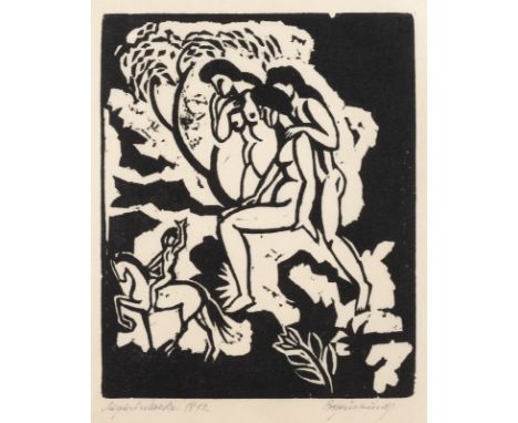 AUGUST MACKE1887 Meschede - 1914 Perthes-les-Hurlus, Champagne'BEGRÜSSUNG' (1912) Linolschnitt auf Japanbütten. DM 24,2 x 19,