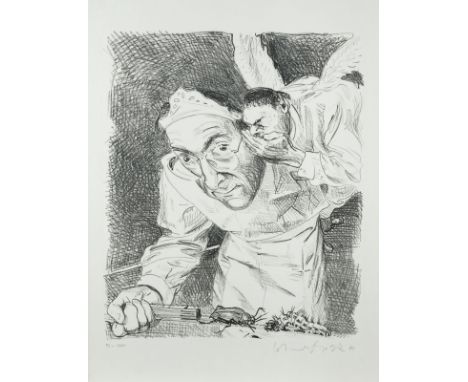JOHANNES GRÜTZKE1937 Berlin - 2017 ebenda'SELBST MIT ENGEL, KÄFER UND RAUPE' (1991) Lithografie auf BFK Rives, mit Wasserzeic