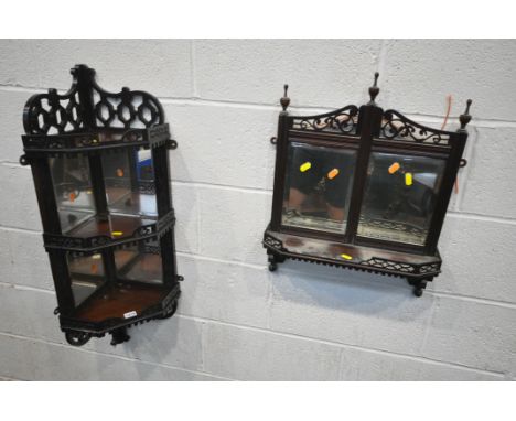 A 20TH CENTURY MAHOGANY HANGING CORNER WALL SHELF, with fretwork detail, and a similar wall shelf/mirror (condition:-the simi