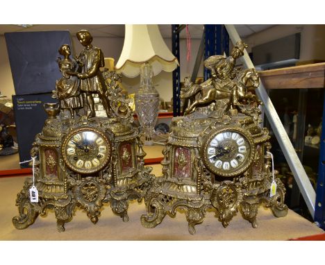 TWO 20TH CENTURY BRASS CASED FIGURAL MANTEL CLOCKS, one surmounted with a couple, the other with a man on a galloping horse, 