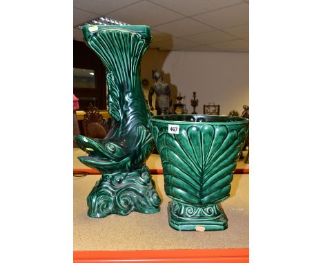 A GREEN GLAZED EARTHENWARE JARDINIERE, in the form of a large fish in a dark green glaze backstamp 225/28, height 56cm, toget
