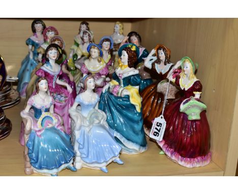 FIFTEEN SMALL COALPORT FIGURINES, comprising two Barbara figurines, one in a pale blue dress (light glaze wear), one in turqu