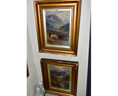 CHARLES W. OSWALD (19TH / 20TH CENTURY), TWO OILS ON CANVAS DEPICTING CATTLE IN A SCOTTISH HIGHLAND SETTING, the first depict