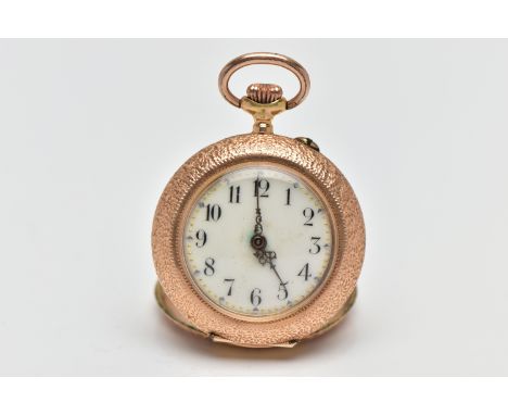 A LADIES YELLOW METAL, OPEN FACE POCKET WATCH, non-running, keyless wind, round white dial, Arabic numerals, gold tone openwo