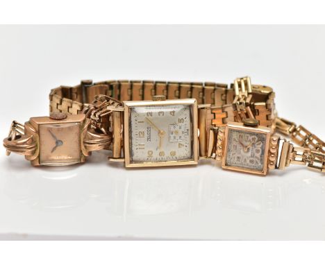THREE WRISTWATCHES, the first a ladies wristwatch with a gold plated square case, unmarked gold dial, Arabic numerals, fitted