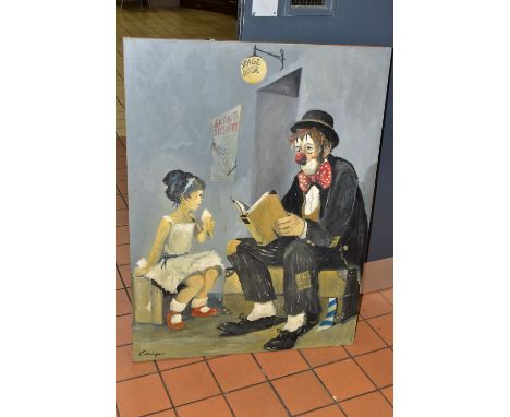 CAVAN CORRIGAN (BRITISH 1942) A CLOWN READS A BOOK TO A YOUNG GIRL, signed bottom left, oil on board, approximate size 102cm 