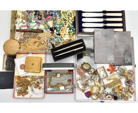 A BOX OF ASSORTED COSTUME JEWELLERY AND OTHER ITEMS, to include a quantity of costume jewellery such as beaded necklaces, bra