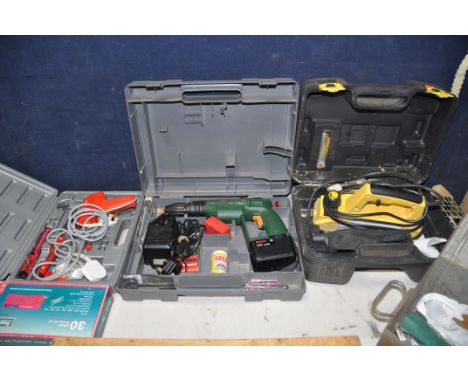 A SELECTION OF POWERTOOLS, to include a Bosch PSB12VSP2 cordless drill with attachments, battery and charger, Mckeller MCKT22