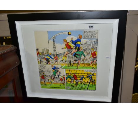 ROY OF THE ROVERS, A COMIC STRIP PAINTING DEPICTING A FOOTBALL MATCH, unsigned, pen and watercolour on paper, with a blank te