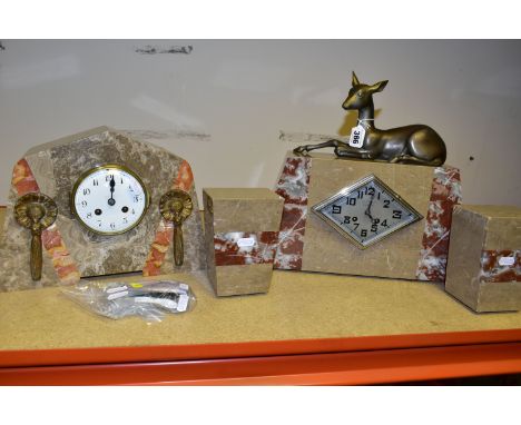 A FRENCH ART DECO MARBLE CLOCK AND CLOCK GARNITURE, the clock with garniture of trapezium form, case surmounted by a reclinin