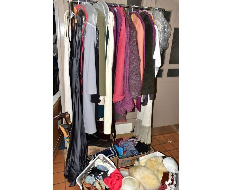 A QUANTITY OF LADIES JACKETS, DRESSES AND SHOES, to include a 1960s cream and gold cocktail dress, Alexon grey satin evening 