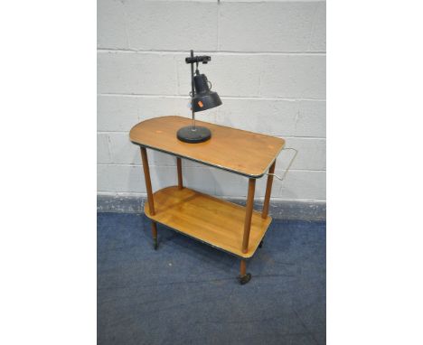 A 1960'S TEAK TEA TROLLEY (loose handle) along with a desk lamp (2)