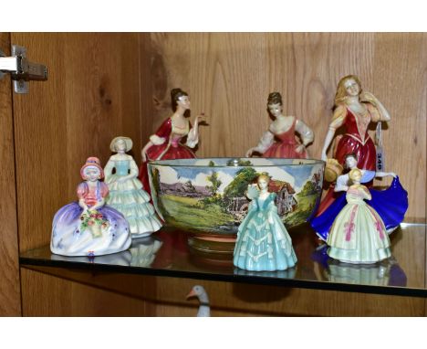EIGHT ROYAL DOULTON AND COALPORT FIGURINES, TOGETHER WITH A ROYAL DOULTON SERIES WARE BOWL, comprising Royal Doulton figurine