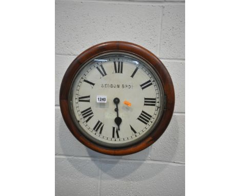 A 19TH CENTURY MAHOGANY WALL CLOCK, with a single fusee movement, 11 inch enamel dial with Roman numerals, later signed Seddo
