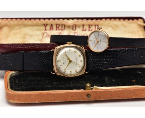 TWO GOLD CASED WRISTWATCHES, the first a gents 'Helvetia' hand wound movement, round silver dial signed 'Helvetia, shock abso