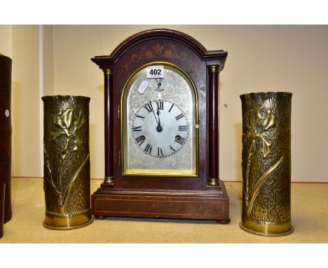 TWO TRENCH ART VASES TOGETHER WITH A GERMAN MANTEL CLOCK, the vases have are decorated with gladioli, have a fluted rim, heig