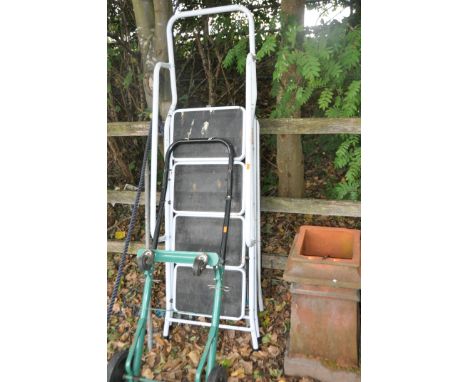 THREE STEP LADDERS AND A SACK TROLLEY including a painted steel set 170cm high