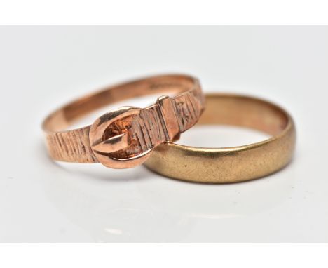 TWO 9CT GOLD BAND RINGS, the first a rose gold buckle ring, polished buckle detail to a textured band, slightly tapered, hall