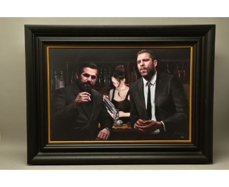 VINCENT KAMP (BRITISH CONTEMPORARY) 'TENSION BUILDING' a signed limited edition print of figures in a bar 52/150, with certif