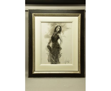 HENRY ASENCIO (AMERICA 1971) 'THE SONG WITHIN', a three quarter length monochrome portrait of a female figure, signed bottom 