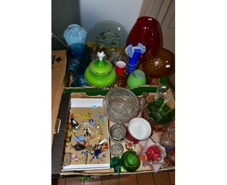 TWO BOXES OF COLOURED GLASS WARES, to include a green Bohemia Glass cockerel paperweight, two Chance handkerchief vases, a gr