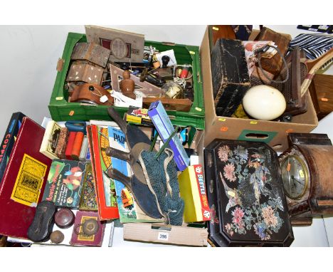 FOUR BOXES OF GAMES, TOYS, CLOCKS, UMBRELLAS, 19TH CENTURY BLACK LACQUERED WORK BOX IN NEED OF RESTORATION, ETC, including a 