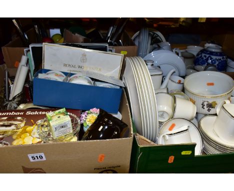 FOUR BOXES OF CERAMICS, GLASS AND COOK WARES, to include a sixty piece Royal Doulton Platinum Concord dinner service, a twent