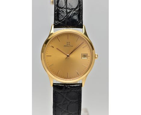 A BOXED 'ZENITH' WRISTWATCH, a gents quartz wristwatch, round gold dial signed 'Zenith', date window at the three o'clock pos