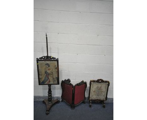 A VICTORIAN STYLE MAHOGANY NEEDLEWORK FIRESCREEN, along with Victorian style mahogany two fold table top screen, overall widt