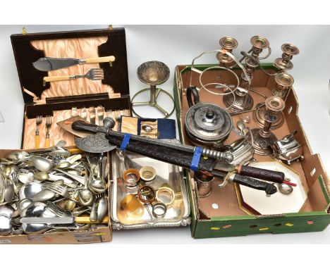 A BOX OF ASSORTED WHITE METAL WARE, to include a three piece silver plate on copper candle stick set comprising of a three br