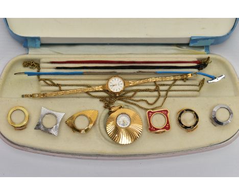 A LADIES ROTARY WRISTWATCH COMPANION SET, the cased companion set to include a yellow metal wristwatch with circular white di
