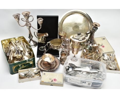 A BOX OF ASSORTED WHITE METAL WARE, to include a three piece tea service set comprising of a teapot, sugar bowl and milk jug,