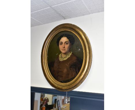 E. GOMIER (LATE 19TH CENTURY CONTINENTAL SCHOOL) HEAD AND SHOULDERS PORTRAIT OF A LADY, wearing garnet earrings, lace collar 