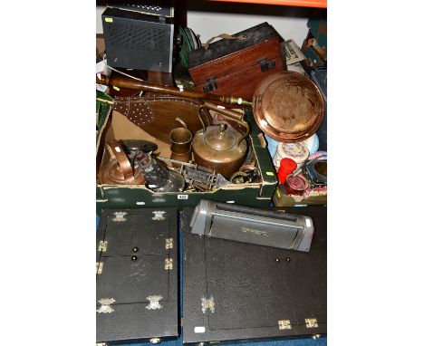 FOUR BOXES AND LOOSE METALWARE, T.V AND RADIO EQUIPMENT, to include a copper kettle, copper bed warmer, a 'Wombat' letter ope