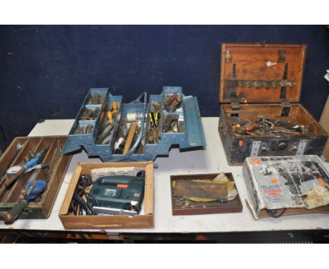 TWO TOOLBOXES AND TRAY OF TOOLS, to include Black and Decker BD163VG hammer drill, Black and Decker KS538SE jigsaw (both UNTE