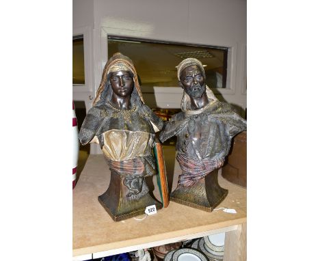 A PAIR OF LATE 19TH CENTURY FRIEDRICH GOLDSCHEIDER POLYCHROME-PATINATED TERRACOTTA ORIENTALIST BUSTS BY FRIEDRICH GOLDSCHEIDE