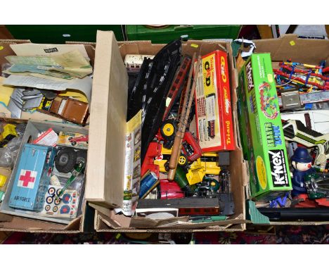 THREE BOXES OF VINTAGE TOY CARS, TRACTORS, TRAINS, TINPLATE TOYS, to include Triang railway wagons, four pieces of Scalextric