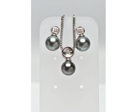 A MODERN TAHETIAN PEARL AND DIAMOND PENDANT AND EARRING SET, pendant designed as a single articulated pearl drop suspended fr