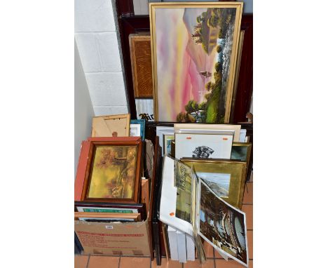 A QUANTITY OF PAINTINGS AND PRINTS ETC, to include an early 20th century lake view landscape, indistinctly signed, oil on boa