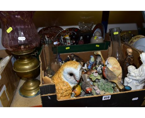 TWO BOXES OF GLASSWARE, CERAMICS AND BIRD ORNAMENTS, to include a brass oil lamp with clear pink glass shade and clear glass 