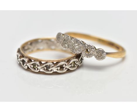 TWO RINGS, the first a five stone single cut diamond ring (one diamond is missing) each illusion set, raised openwork gallery