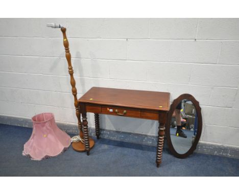 A MAHOGANY SIDE TABLE, with a single drawer and bobbin turned legs, width 93cm x depth 43cm x height 74cm, a wall mirror stan