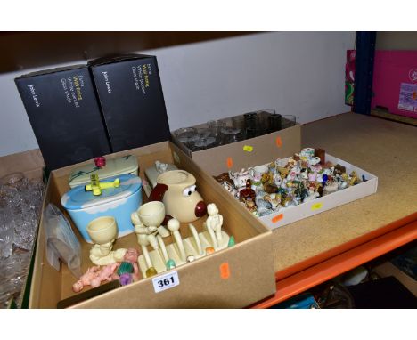 THREE BOXES AND LOOSE CERAMICS, GLASS AND SUNDRY ITEMS, to include a tray of Wade Whimsies and other similar miniature creatu